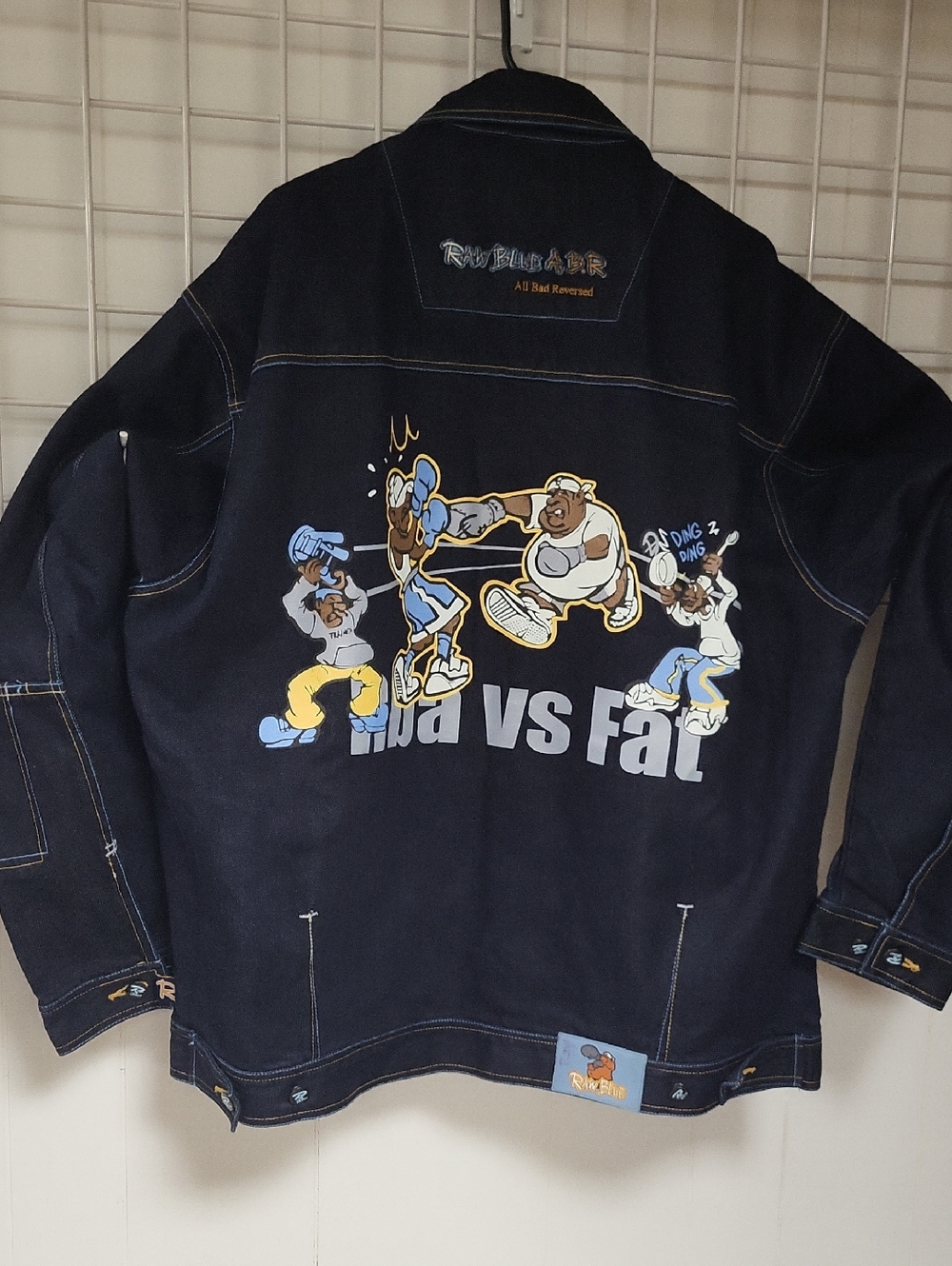 VTG. RAW BLUE , SIZE XL Rebel8 'NBA vs Fat' Black Graphic Denim Jacket